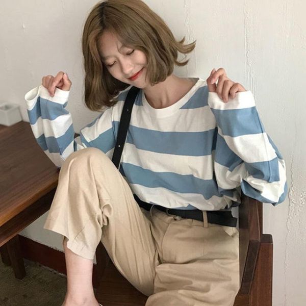 

women's t-shirt 2021 korean t-shirts round neck tee autumn striped loose casual all-match concise plu size, White