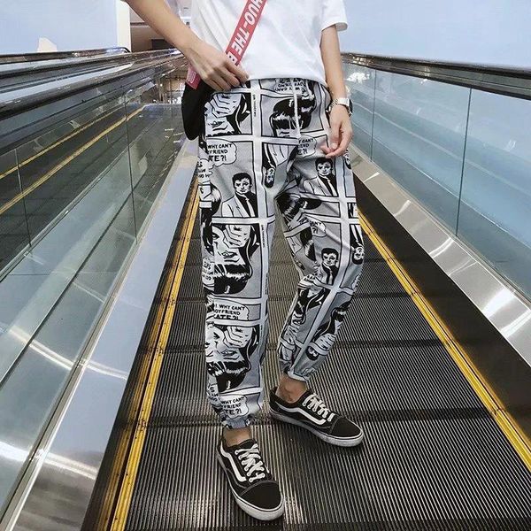 

loose sports casual pants men's beam foot harem pants comics printed joggers pants mens hip hop casual trousers, Black
