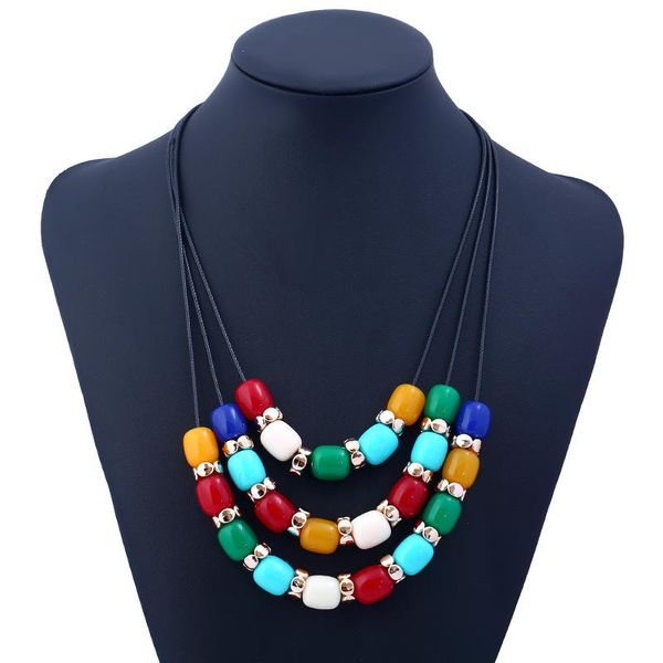 

pendant necklaces fashion necklace candy color resin multi-layer leather rope chain handmade woman long, Silver