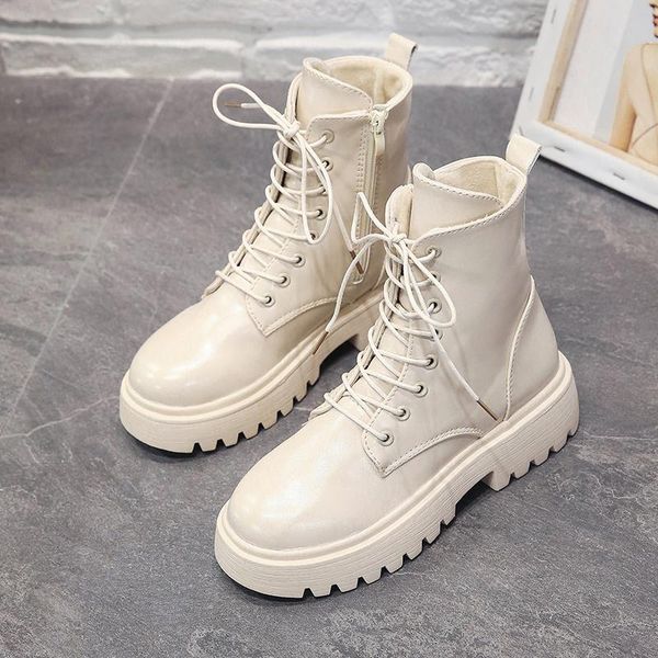 

boots women combat 2021 autumn platform gothic shoes female motorcycle warm cotton beige black ankle