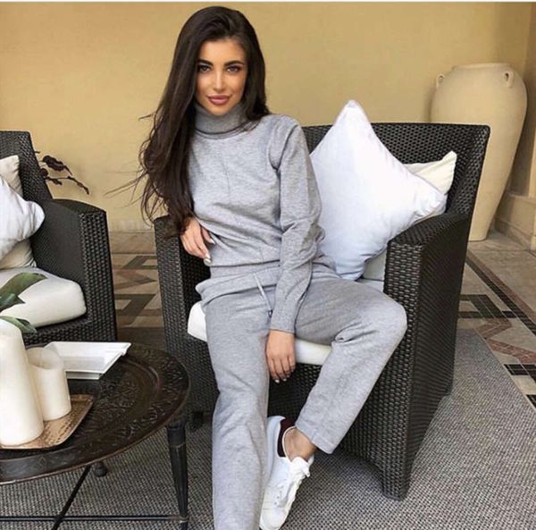 

women's knitted pullover sweater + pants sportswear middle one line wool knitting suit rib leg, Gray