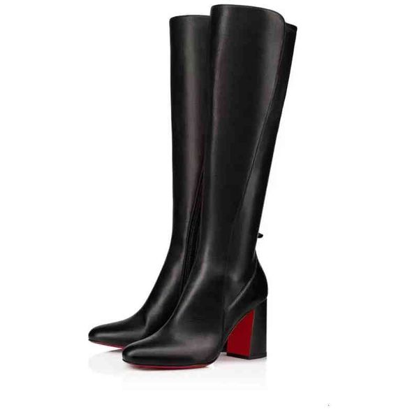 

bottom knee red boots women shoes luxury designer brand kronobotte 85mm chunky heel almond shaped toes leather eu35-43 with box wedding, Black