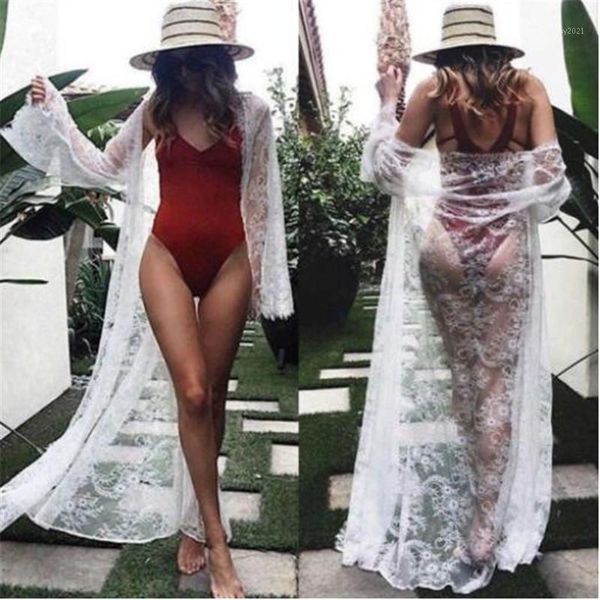 

women's swimwear women cover up lace kimono boho casual solid long bell sleeve sheer loose collarless summer ladies cardigan beach biki, White;black