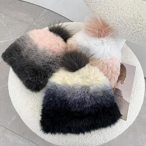 

beanie/skull caps 2021 knitted fur hats women gradient color real female winter warm beanies with raccoon ball, Blue;gray
