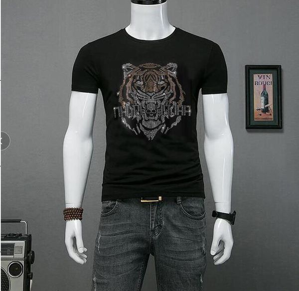 

2021 new plus large size m-5xl mens business casual short sleeved tshirt classic rhinestone male slim fit tshirts 1c43, White;black