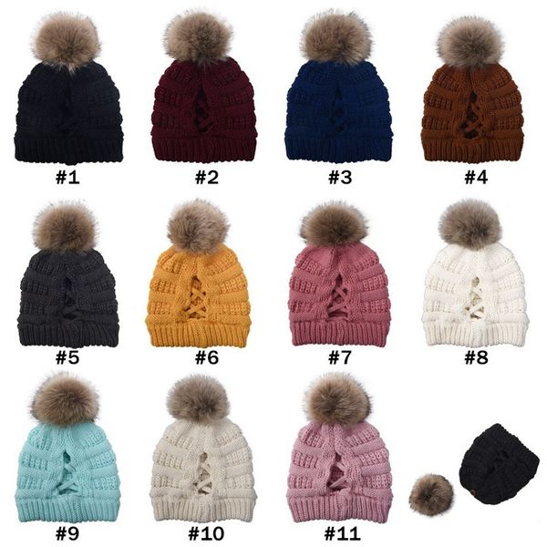 

11 removable pom cross ponytail beanies colors winter warm knitted wool hat women ski skull caps festive party hats cyz2wjkq