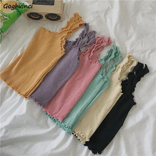 

women's tanks & camis women knitted bottom slim solid simple all-match korean-style tank- sweet female ruffles backless trendy cami, White