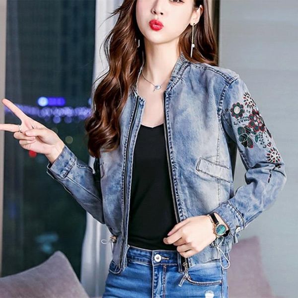 

autumn spring embroidery women denim jacket print floral zipper jeans jackets vintage slim female long sleeve short coat outwear, Black;brown