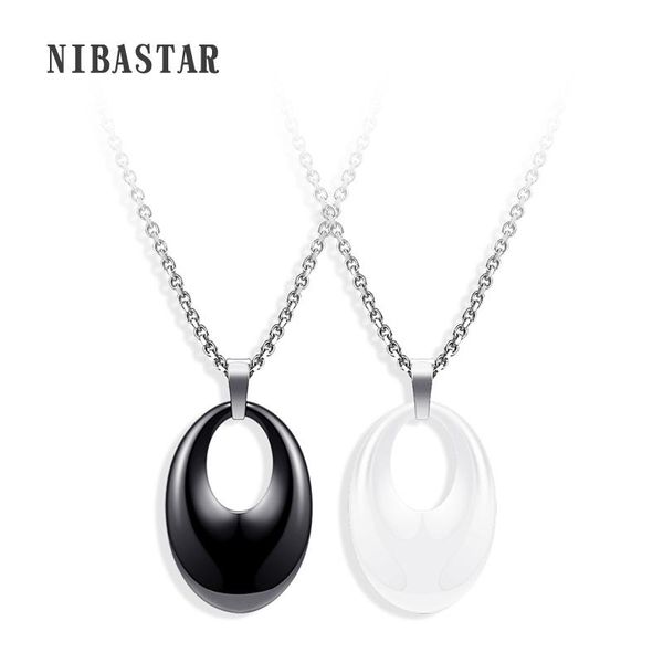 

pendant necklaces simple design ceramic necklace white black round stainless steel chain for women, Silver