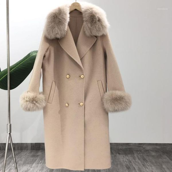 

2020 real fur coat women natural fur collar cashmere wool blends outerwear ladies slim parka long winter jacket1, Black
