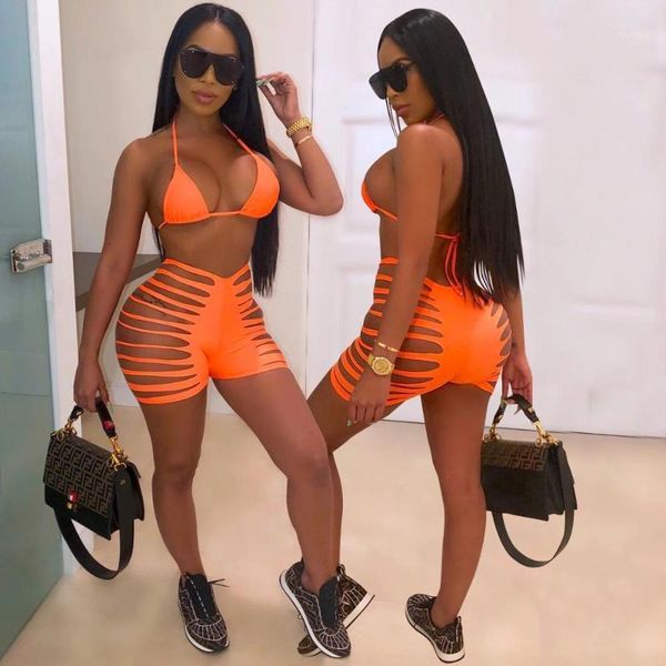 

adfvat women two piece set summer club halter neck backless bra and hollow out skinny short beach wear suits xyz-x36301, Gray