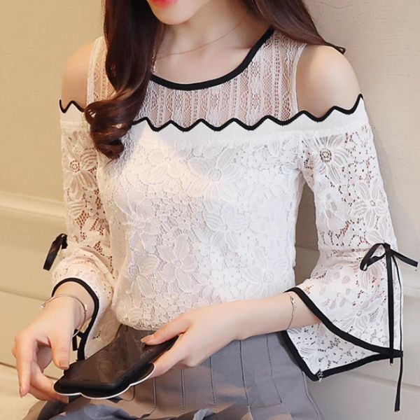 

2021 women fashion clothing lace chiffon stitching blouse flare sleeve lace blouse women strapless ladies d597 30, White