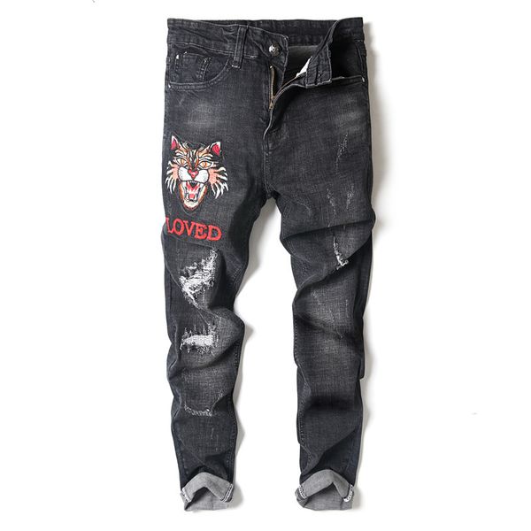 

ny men's destroyed slim fit frayed ripped biker jeans 2019 spring casual streetwear embroidery pencil pants, Blue