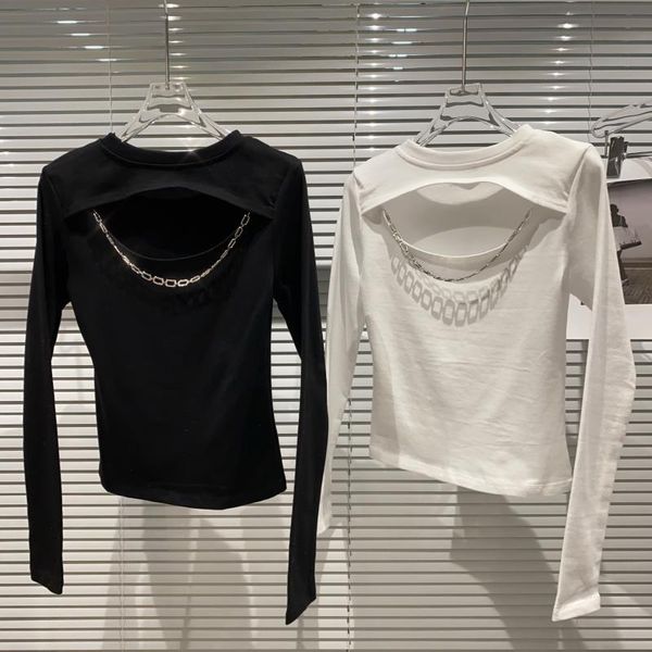 

2021 new winter metal chain hollow low chest design round neck elastic bottomed shirt t-shirt, White;black