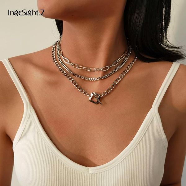 

ingesight.z 3pcs/set multi layered goth gothic geometric square toggle lasso choker necklace vintage link chain necklace jewelry, Silver