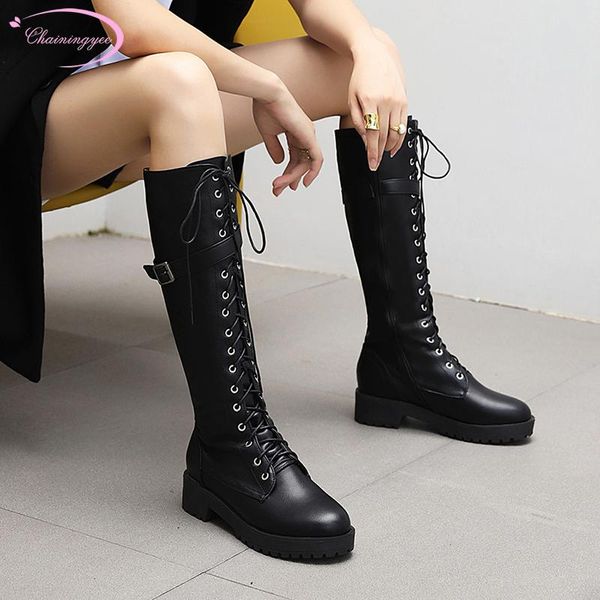 

boots cosplay style comfortable round toe knee high fashion lace-up platform buckle medium with thick riding women's shoes, Black