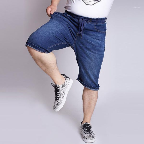 

2020 summer men extra large big jeans stretch waist high elastic jeans big size cowboy shorts size 32-50 calf length pants 7xl1, Blue