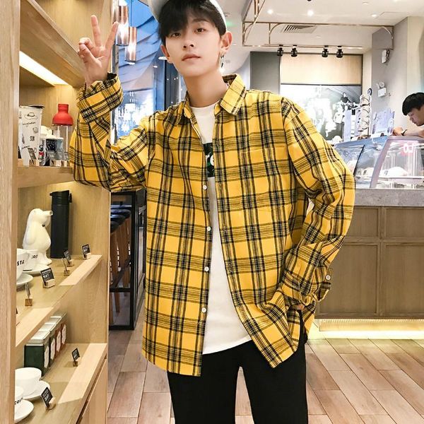 

men's casual shirts men autumn plaid shirt long sleeve males fashion clothes mens turn-down collar students leisure all match, White;black