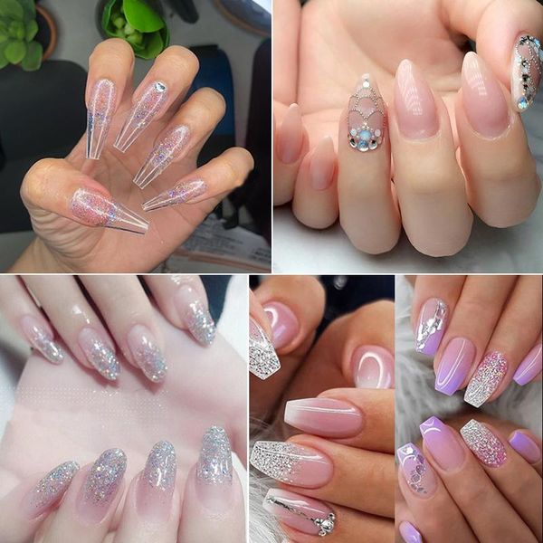 

false nails 5 sets/bag short full cover nail tips coffin ballerina stiletto oval fake acrylic press on faux, Red;gold