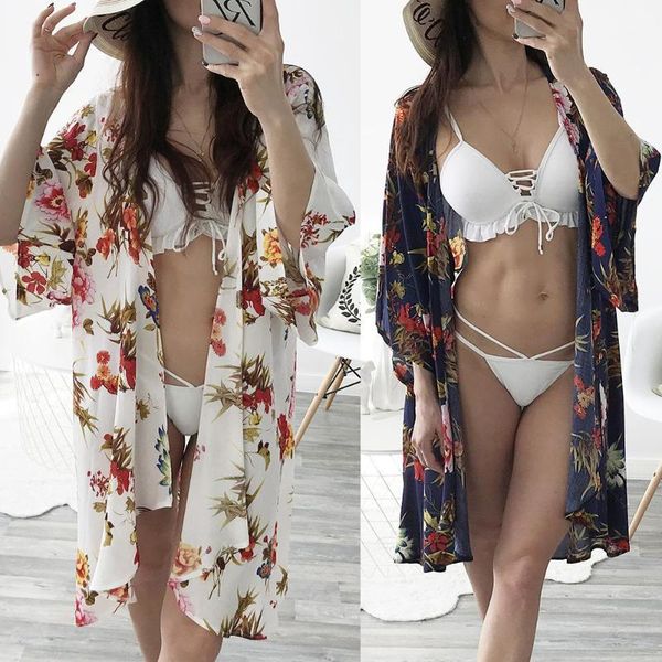 

yfashion women fashion flower printed chiffon open coat beach summer cover ups for women fashion sun blocked kimono female1, Black;brown