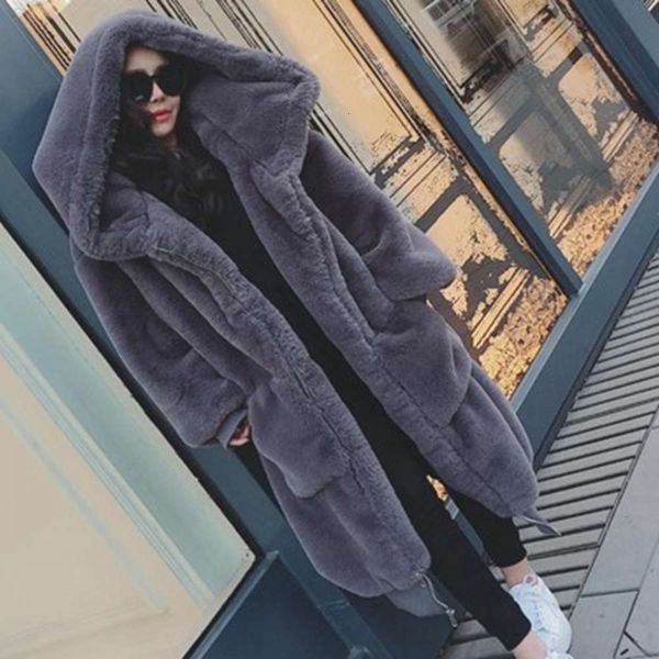 

2021winter faux fur long coat women thick warm fluffy oversized hooded coats overcoat female loose plush fur jackets outerwear, Black
