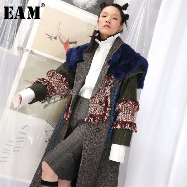 

[eam] new spring lapel long sleeve hit color fur tassels split joint long woolen coat women parkas fashion tide jk669 201216, Black