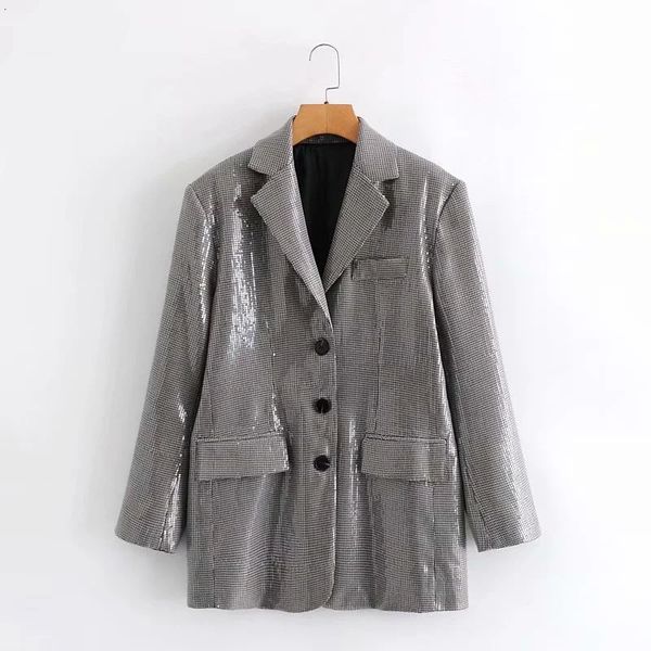 

2021 new women elegant houndstooth sequins decoration long sleeve single-breasted slim check coat office work lattice suit jacket, White;black