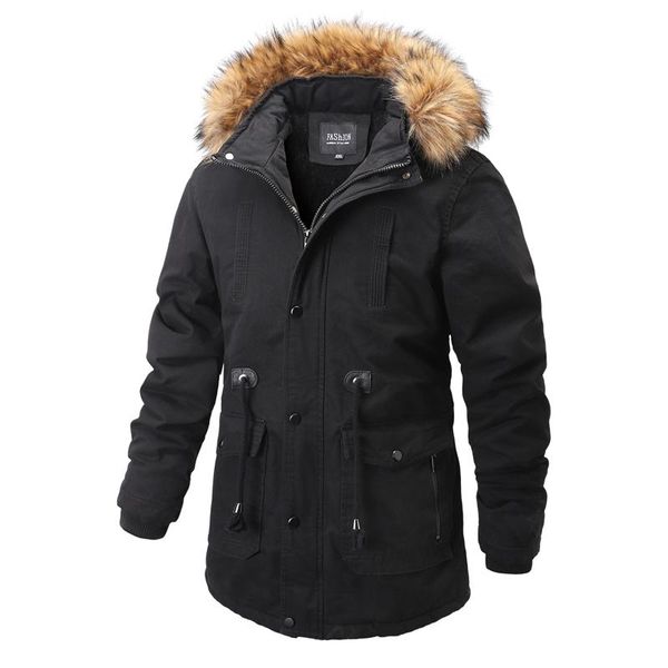 

fur collar hooded men winter jacket 2021 new fashion warm wool liner man jacket and coat hat detachable windproof male parkas, Black