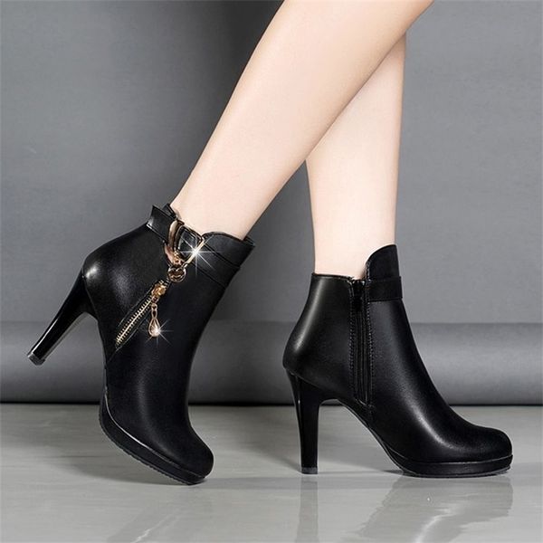 

winter women high heels dress martin boots women pu leather pointed toe zip black warm ankle snow boots women shoes mujer y200915