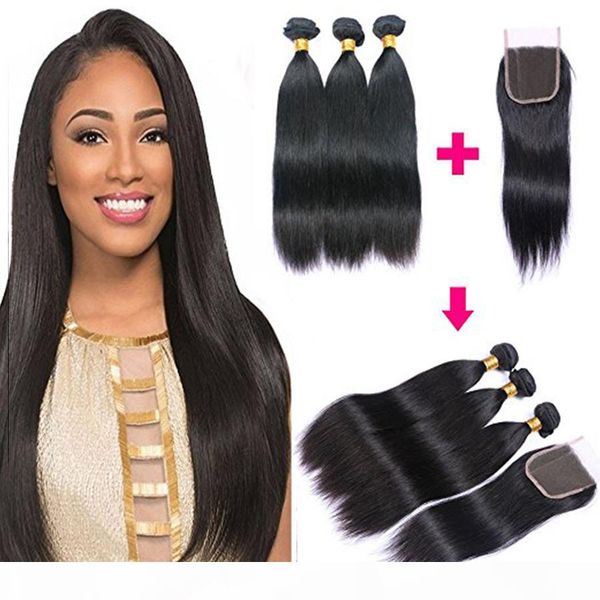 

brazilian straight hair 3 bundles weaves with lace closure unprocessed malaysian peruvian indian virgin human hair extensions remy hair, Black;brown