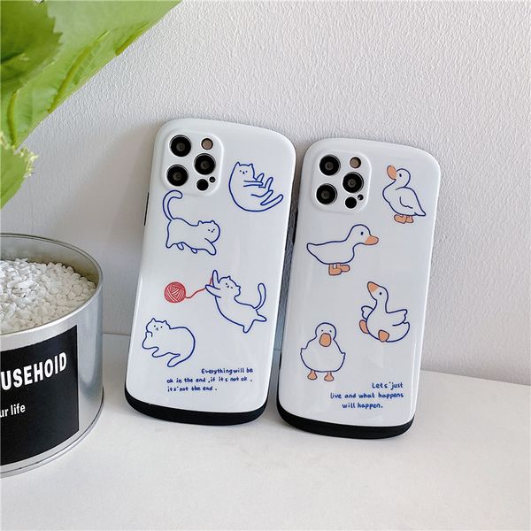 

white glossy base simple draw cartoon cute duck cat tpu material mobile phone case cover for iphone 12 mini 11 pro max 7 8 plus x xr xs max