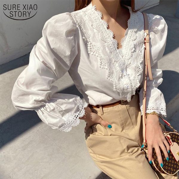

korean style women's shirts lace v-neck long sleeve fashion shirt puff sleeve sweet female cotton lace women's blouse 11013, White