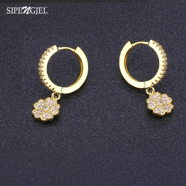 

trendy five leaf flower gold hoop earrings pave full crystal plant dangle earrings for women korean jewelry 2020, Golden;silver