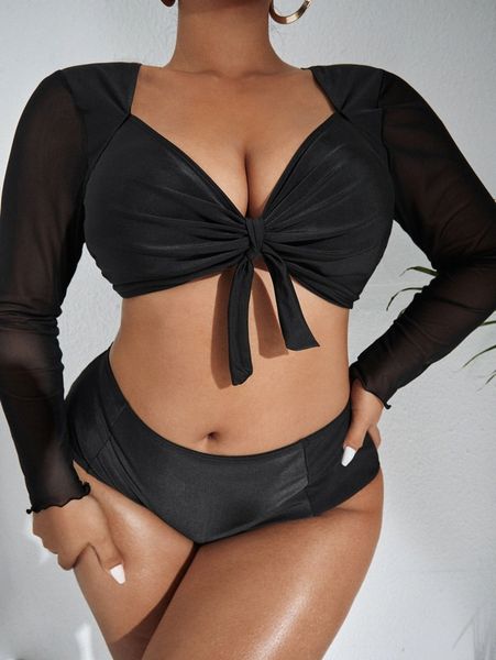 

plus contrast mesh bikini swimsuit y2az#, Black