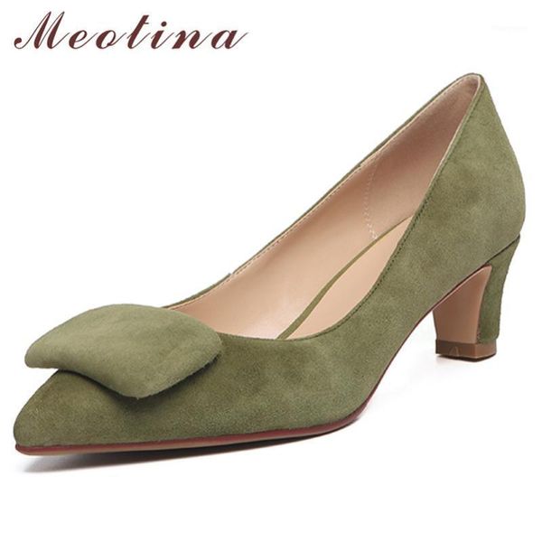 

meotina high heels women pumps kid suede block heels party shoes genuine leather pointed toe shoes lady spring green size 33-401, Black