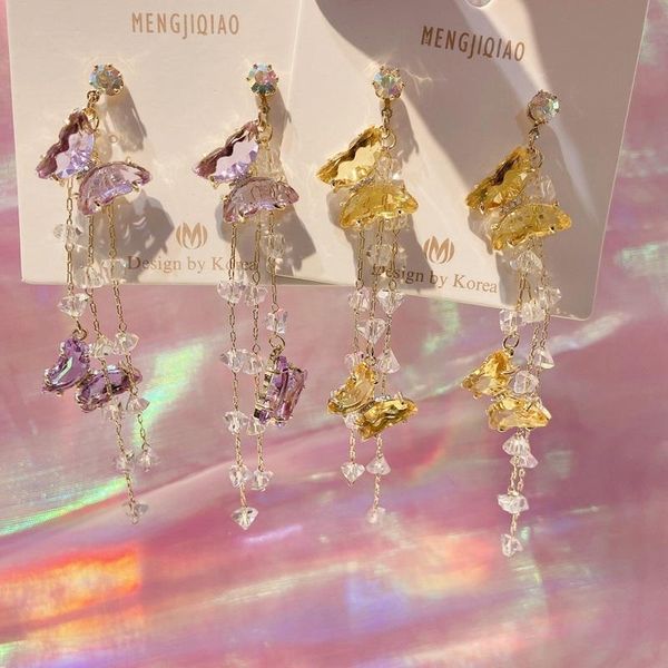 

mengjiqiao korean elegant colorful crystal butterfly drop earrings for women girls holiday tassel long pendientes party jewelry, Silver