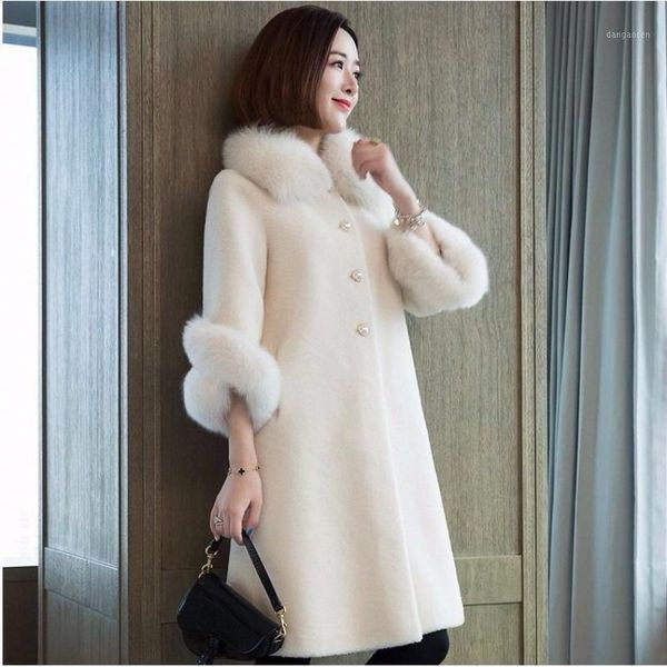 

faux fur long coat women's autumn winter solid loose imitation fur collar outwear cashmere single breasted ladies coat f1331, Black