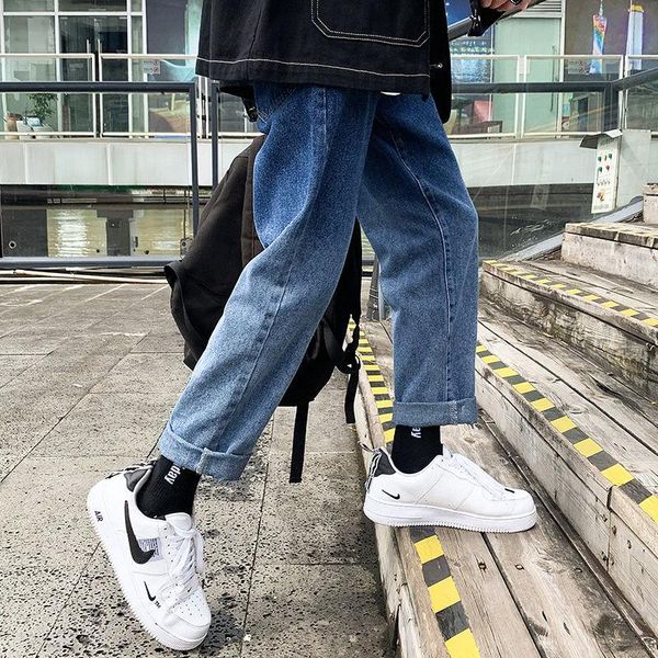 

men's jeans spring autumn loose wash gradient color straight casual denim trousers youth fashion cowboy pants male, Blue