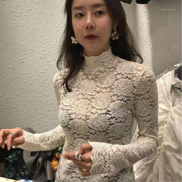 

women's blouses & shirts spring women's lace stretch bottoming shirt ladies stripes seethrough blouse female turtleneck long sleev, White