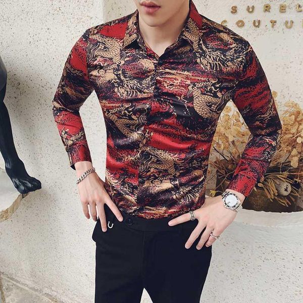 

chinese style men shirt stylish dragon print shirt mens long sleeve streetwear men dress shirts slim fit all match party tuxedo1, White;black