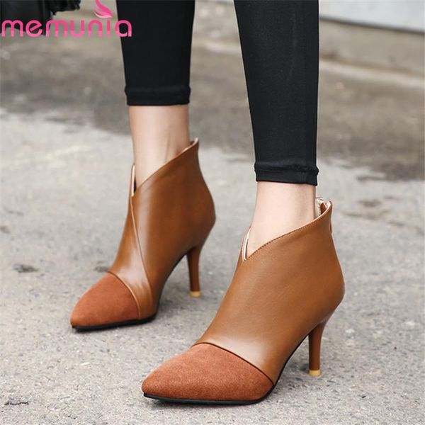 

boots memunia 2021 plus size 46 ankle for women zipper thin high heels pu flock pointed toe dress party shoes woman, Black
