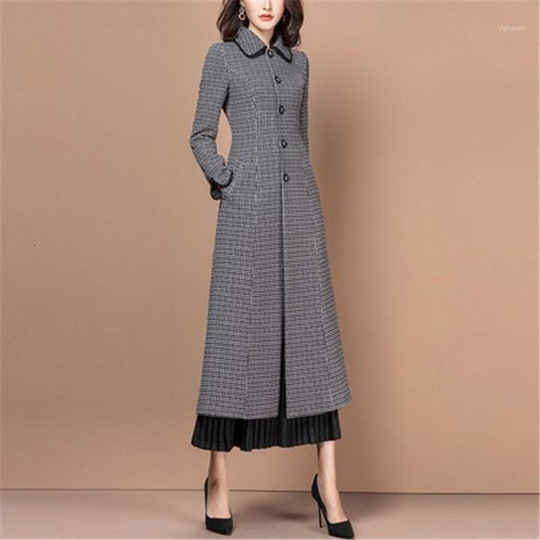 

new fashion autumn winter blazer dress women vintage plaid elegant long jacket slim houndstooth coat office ladies plus size1, Black