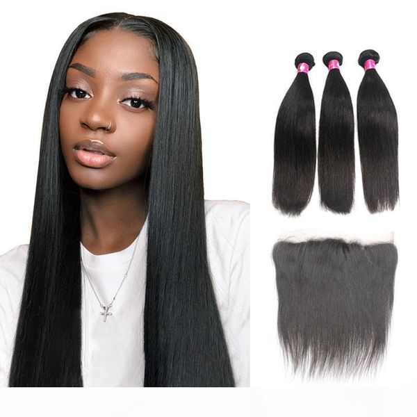 

virgin brazilian straight hair bundles with lace frontal closure 1b remy peruvian human hair weave with closure frontal hair piece part, Black