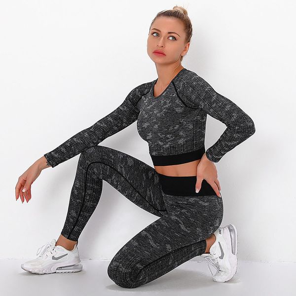 

seamless leggings women gym clothing female high waist yoga pants tracksuit women fitness clothing 2 piece set long sleeve c0122, Gray