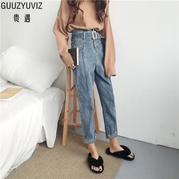 

guuzyuviz high waist boyfriend jeans for women casual loose vintage belt denim haren pants spring big size chic jeans women 201102, Blue