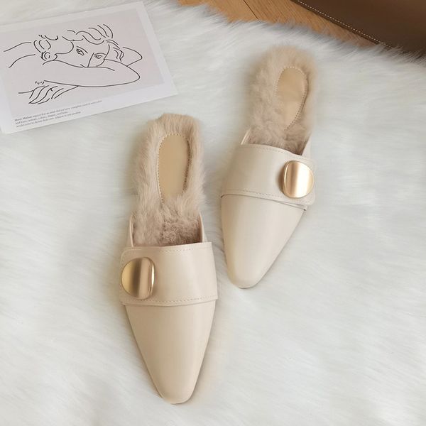 

slippers casual fur shoes cover toe mules for women 2020 low slides pantofle luxury plush new pointed pu hoof heels rome with y1120, Black