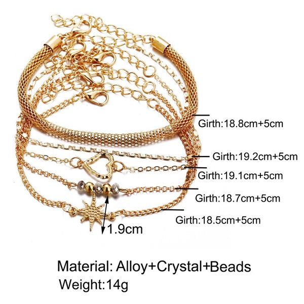

beads 5pcs set vintage fashion jewelry heart star chain bracelet, Golden;silver