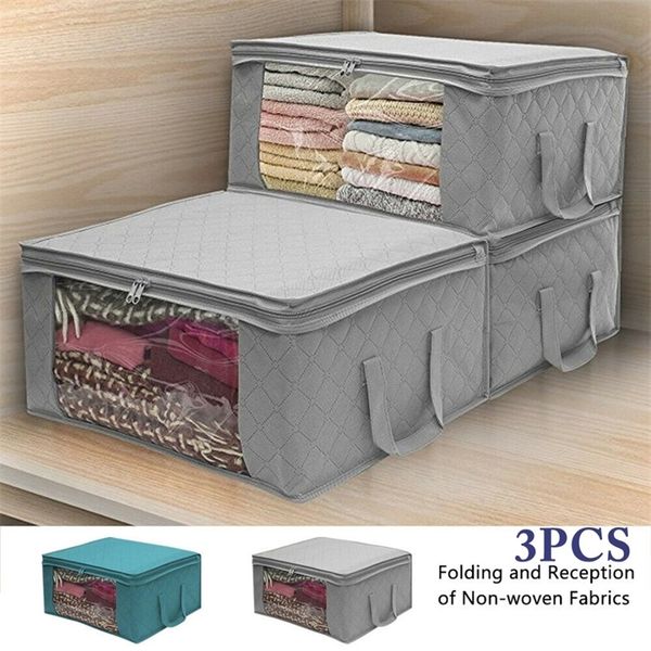 

49*36*21cm 3pcs foldable storage bag clothes blanket quilt closet sweater organizer box zipper non-woven folding closet organize y200714, Blue;pink