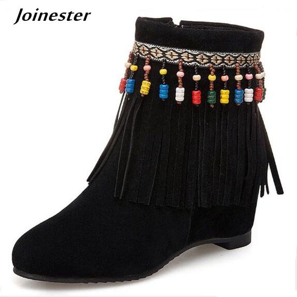 

boots retro winter women shoes bohemia string beads ankle for ladies plus size suede fashion girls tassel, Black