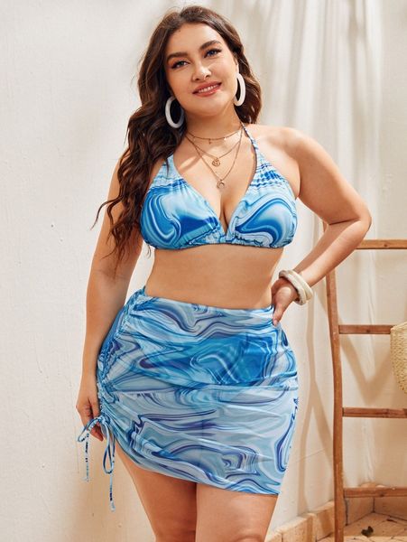 

3pack plus abstract fluid pattern bikini swimsuit & beach skirt p8ow#, Black